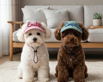 Chapeau de soleil personnalisé en velours côtelé pour chien avec oreilles, visière réglable pour chiot