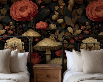 Papel pintado de hongos botánicos oscuros, estampado floral de bosque vintage, revestimiento de pared con temática natural y sombría.