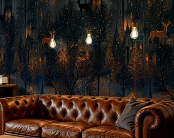 Papel pintado de bosque sombrío, paisaje boscoso oscuro, escena natural vintage, decoración interior con ambiente