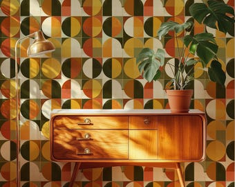 Papel pintado geométrico de mediados de siglo, estampado circular retro, revestimiento de pared abstracto moderno, autoadhesivo.