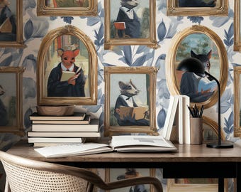 Papel pintado con retratos de animales, diseño de zorros enmarcados, autoadhesivo, decoración ecléctica y original.