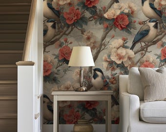 Papel pintado estilo chinoiserie con estampado floral asiático vintage y motivos botánicos orientales.