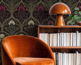 Papel pintado floral gótico Art Nouveau con estampado botánico oscuro y decoración de pared vintage con un toque melancólico.