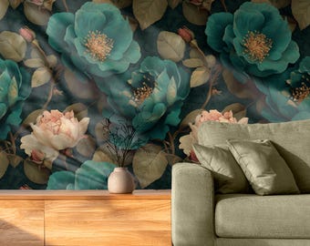 Papel pintado floral verde azulado oscuro, diseño botánico despegable y adhesivo, decoración de pared maximalista con rosas vintage.