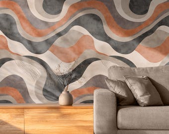 Papel pintado abstracto de mediados de siglo, mural retro moderno, estampado neutro terracota, decoración de interiores bohemia.