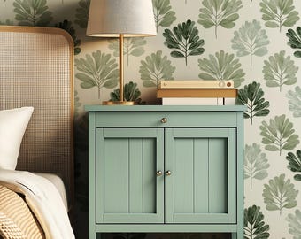 Papel pintado botánico minimalista, estampado de hojas escandinavas, decoración natural en tonos verdes suaves, interior moderno y orgánico.