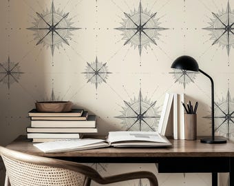 Papel pintado con brújula vintage, estampado de mapa náutico, decoración de navegación costera, estilo interior marítimo.