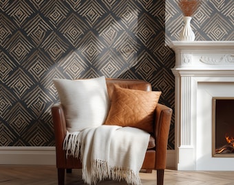 Papel tapiz geométrico tribal, estampado bohemio africano, decoración de pared étnica, interior moderno y oscuro.