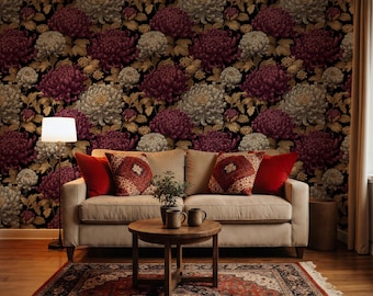 Papel tapiz floral oscuro, estampado de crisantemos burdeos, diseño botánico vintage, estilo Moody Academia, autoadhesivo.