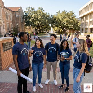 Op de afbeelding: Een groep studenten draagt marineblauwe t-shirts met de tekst "I FINALLY HAVE THE POWER" en een afbeelding. Ze staan op een bakstenen voetpad voor een universiteitsgebouw. Sommige studenten lachen en glimlachen.