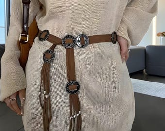 Boho Tassel Leather Belt, Vintage Western Style, Flowing Fringe Accents