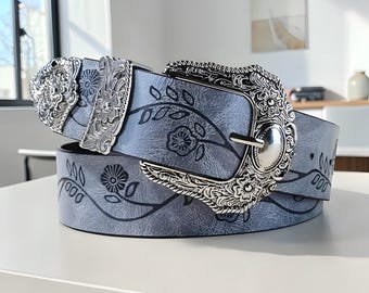 Western Floral Leather Belt for Women | Vintage Engraved Cowgirl Belt | Silver Buckle Boho Country