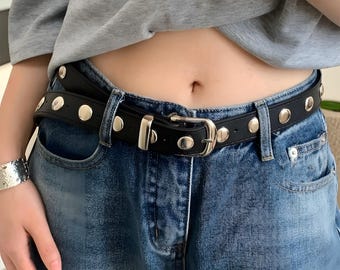 Studded Leather Belt: Punk Style Waist Belt with Gold Rivets – Vintage Streetwear Accessory