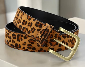 Leopard Print Leather Belt | Vintage Brass Buckle, Animal Print Fashion Accessory