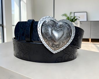 Embossed Leather Western Heart Belt | Vintage Silver Cowgirl Buckle Accessory