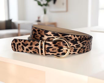 Leopard Print Belt with Gold Buckle, Animal Waist Statement Belt