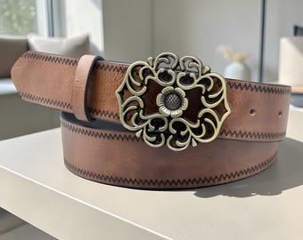 Vintage Style Leather Belt | Ornate Buckle Waist Belt, Boho Western Accessory