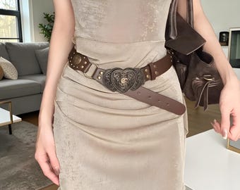 Vintage Heart Buckle Leather Belt for Women | Boho Western Waist Belt