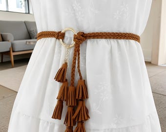 Boho Tassel Waist Belt | Braided Rope with Gold Ring, Adjustable Tie Accessory