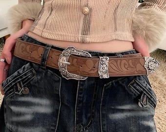 Engraved Brown Leather Western Belt, Silver Floral Buckle, Boho Statement Waist Belt