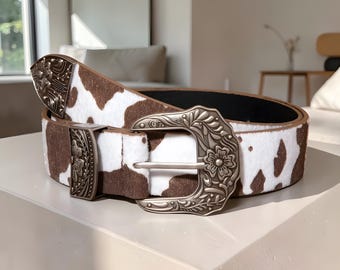 Cow Print Belt with Vintage Engraved Buckle | Western Style Statement Accessory