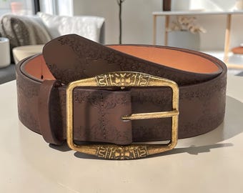 Vintage Style Leather Belt for Women | Brown Embossed Waist Belt | Retro Brass Buckle