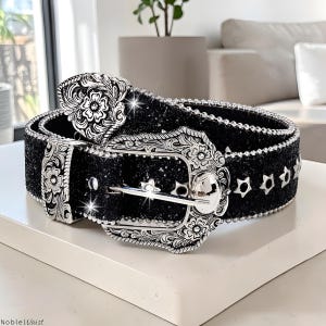 Vintage Western Cowgirl Leather
Belt‎ with Silver Colored Buckle And
Rhinestones Silver Rhinestone Belt Western Cowgirl Cowboy Belts Vintage  main image 4