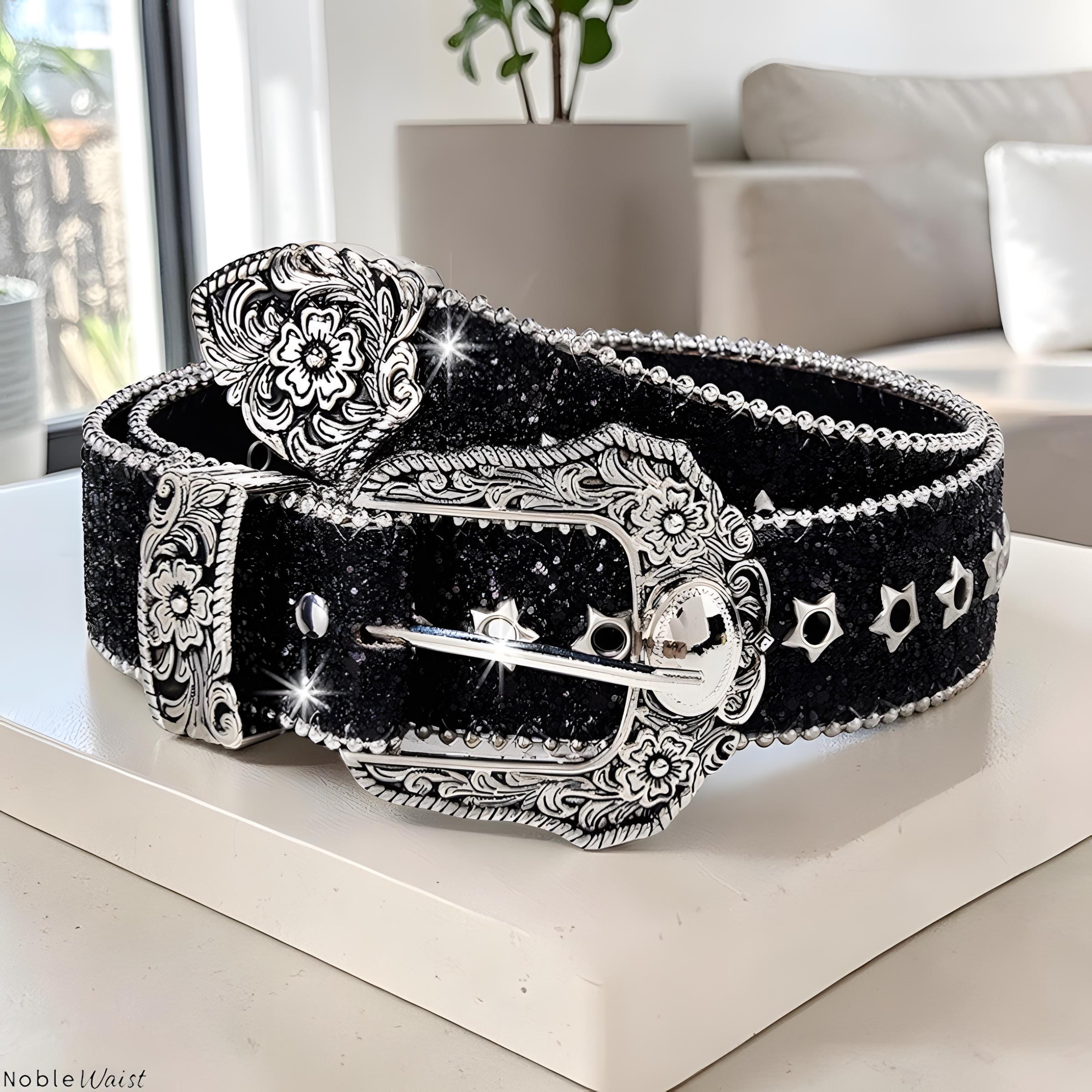 Y2K Wide Leather Belt Gold Rhinestone Buckle Western Festival Statement Black Buy Western Tooled Belt With Copper Brown Rhinestone Buckle main image 2