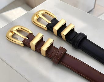 Gold Buckle Leather Belt for Women | Minimalist Waist Belt | Black Brown