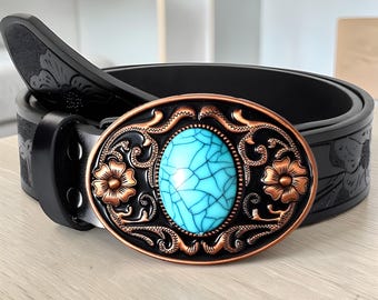 Turquoise Floral Engraved Western Belt Buckle | Vintage Cowgirl Style Leather Belt