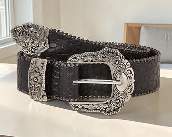 Black Croc Embossed Leather Belt | Vintage Western Buckle | Wide Waist Belt