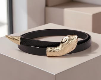 Gold Snake Buckle Belt |  Black Leather Look | Serpent Belt