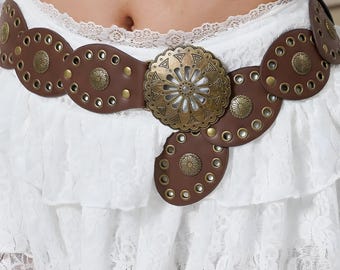 Boho Wide Leather Belt, Vintage Studded Statement Waist Belt