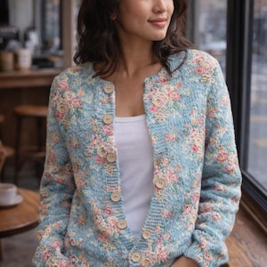 Cardigan floreale blu da donna, maglione lavorato a maglia Cottagecore, cardigan floreale vintage, cardigan primaverile morbido, maglione estetico pastello