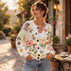 Cardigan con bottoni floreali da donna, maglione vintage con fiori, cardigan in maglia Cottagecore, maglione floreale primaverile, cardigan casual morbido