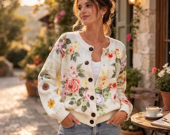 Cardigan con bottoni floreali da donna, maglione vintage con fiori, cardigan in maglia Cottagecore, maglione floreale primaverile, cardigan casual morbido