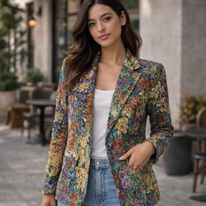 ヴィンテージフローラルブレザー（レディース）、ボヘミアンタペストリージャケット、カラフルな花柄ジャケット、エレガントなステートメントブレザー、秋のファッションブレザー