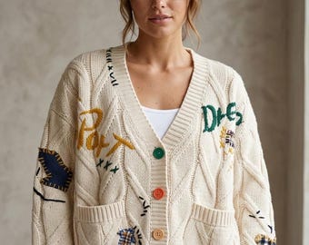 Cardigan in maglia patchwork da donna, maglione vintage ricamato, cardigan con bottoni in stile cottagecore, maglione in maglia dall'estetica accogliente