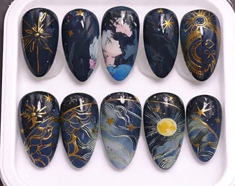 Howl's bewegliches Schloss Press On Nails: Vergoldetes Himmlisches Anime Art Set