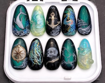 Hand-Painted Press-On Nails: Ghost Ship, Skull, Anchor, Compass Designs