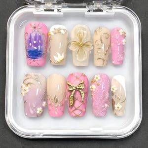 Rapunzel Inspired Press On Nails: Hand-Painted Lanterns, 3D Flowers, Gold Bow Set