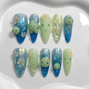 Smiski Forest Pond Press On Nails | 3D-blommor, bubblor, kawaii glödande nagel