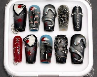 Hand-Painted Samurai Serpent Press-On Nails: Dark Gothic Art Set
