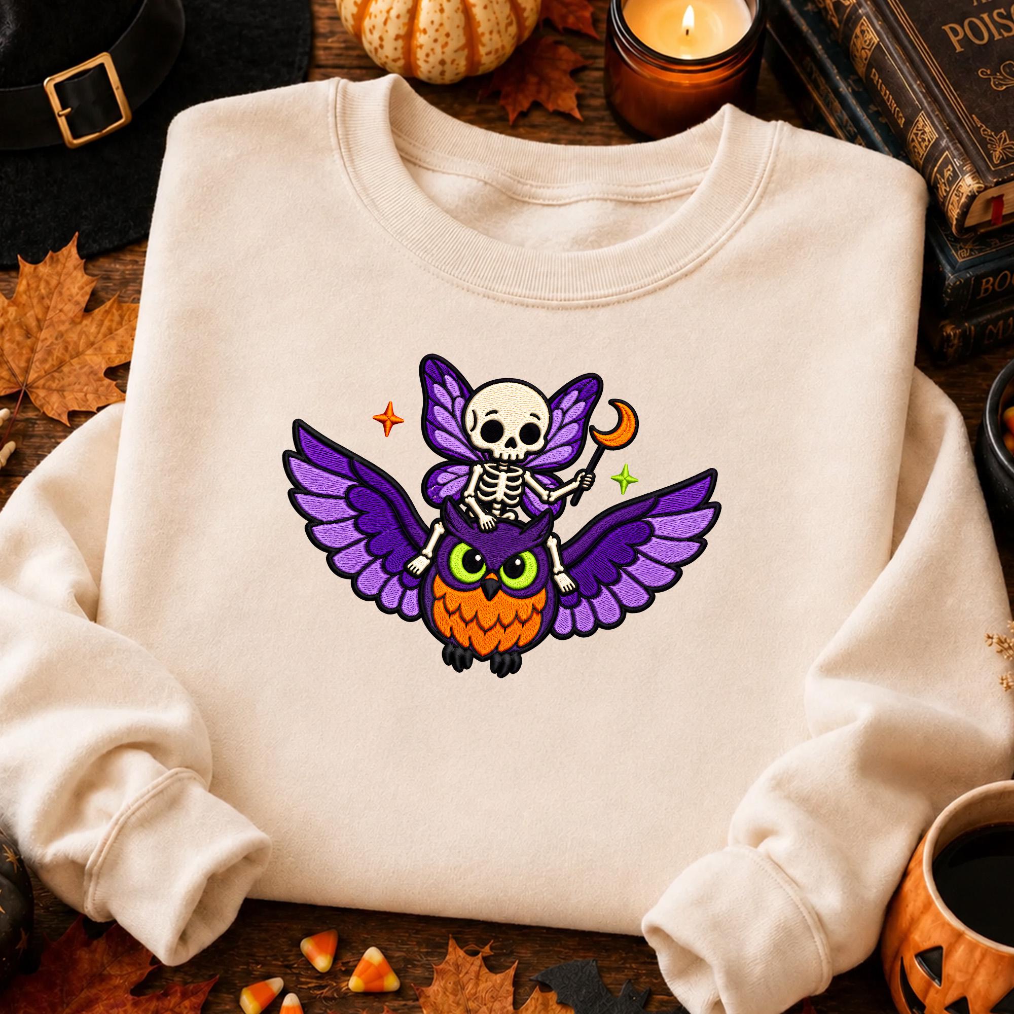 Skeleton Fairy Owl Embroidery Design, Spooky Halloween Machine Embroidery File, Flying Owl and Moon 