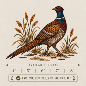 May include: An embroidery design of a ring-necked pheasant standing among wheat stalks. The text reads AVAILABLE SIZES: 4", 5", 6", 7", 8" and lists file formats EXP, DST, HUS, PES, VP3, INF, XXX, JEF with a checkmark icon.