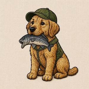 Könnte beinhalten: Ein gestickter Aufnäher mit einem goldfarbenen Welpen, der eine grüne Baseballkappe und eine passende grüne Angelweste trägt. Der Welpe hält einen grauen und silbernen Fisch im Maul, vor einem neutralen, strukturierten Stoffhintergrund.