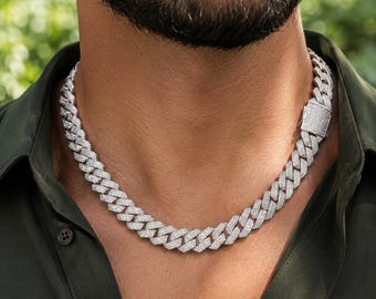Iced Out Cuban Link, Mens Choker Necklace, 19mm Diamond Chain, Diamond Prong Choker, Rhombus Geometric Hip Hop Jewelry for Him