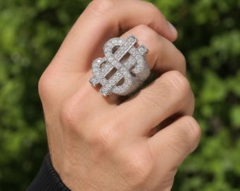 Bling Dollar Sign Ring, Silver Gold Hip Hop Ring for Rappers, Y2K Street Style Jewelry, Hollow Out Money Ring, Bold Ring for Men