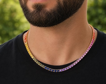 Rainbow Tennis Bracelet Necklace Unisex, 5mm Colorful CZ Iced Out Chain, Gold Silver Plated Hip Hop Jewelry, Birthday Gift For Them