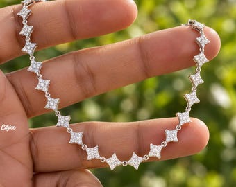 Iced Out Star Link Chain Necklace Bracelet CZ Brass Plated Hip Hop Jewelry 8.5mm Gift Men Women